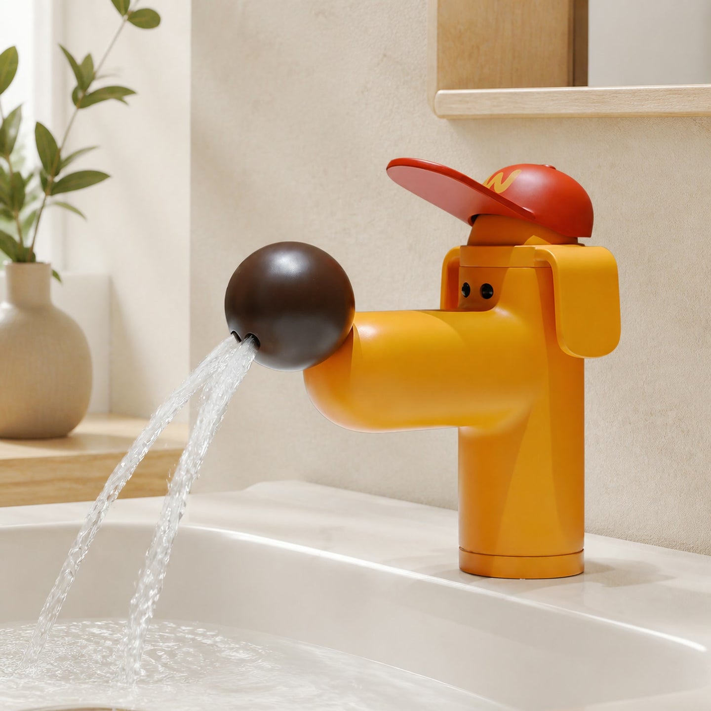 Golden dog-shaped basin faucet installed in a warm modern bathroom