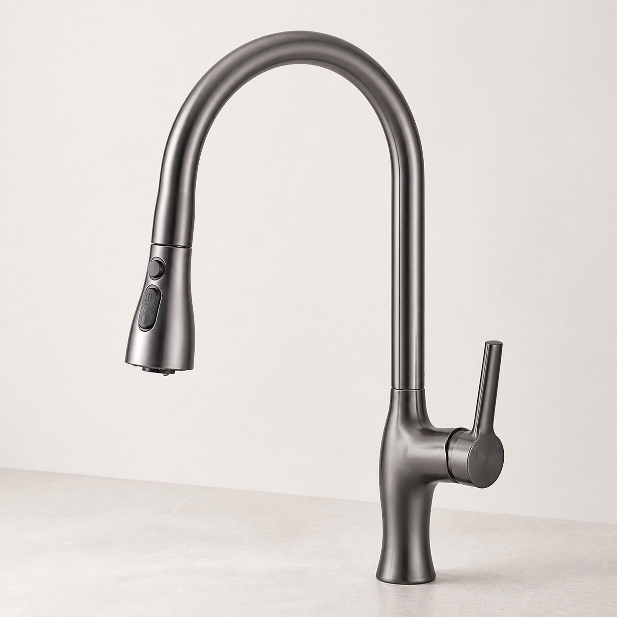 Gunmetal gray high-arc three-mode pull-down kitchen faucet