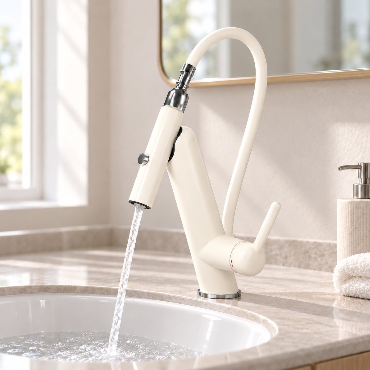 Cream-white faucet running into a white ceramic bathroom washbasin