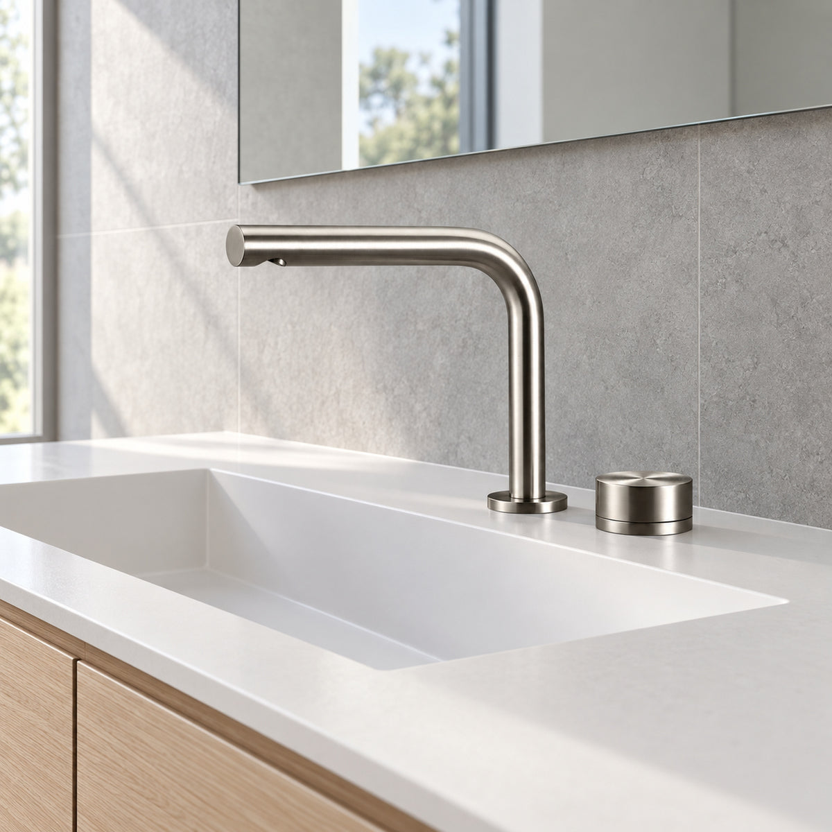 FILER brushed silver brass two-hole basin faucet — installed basin close-up