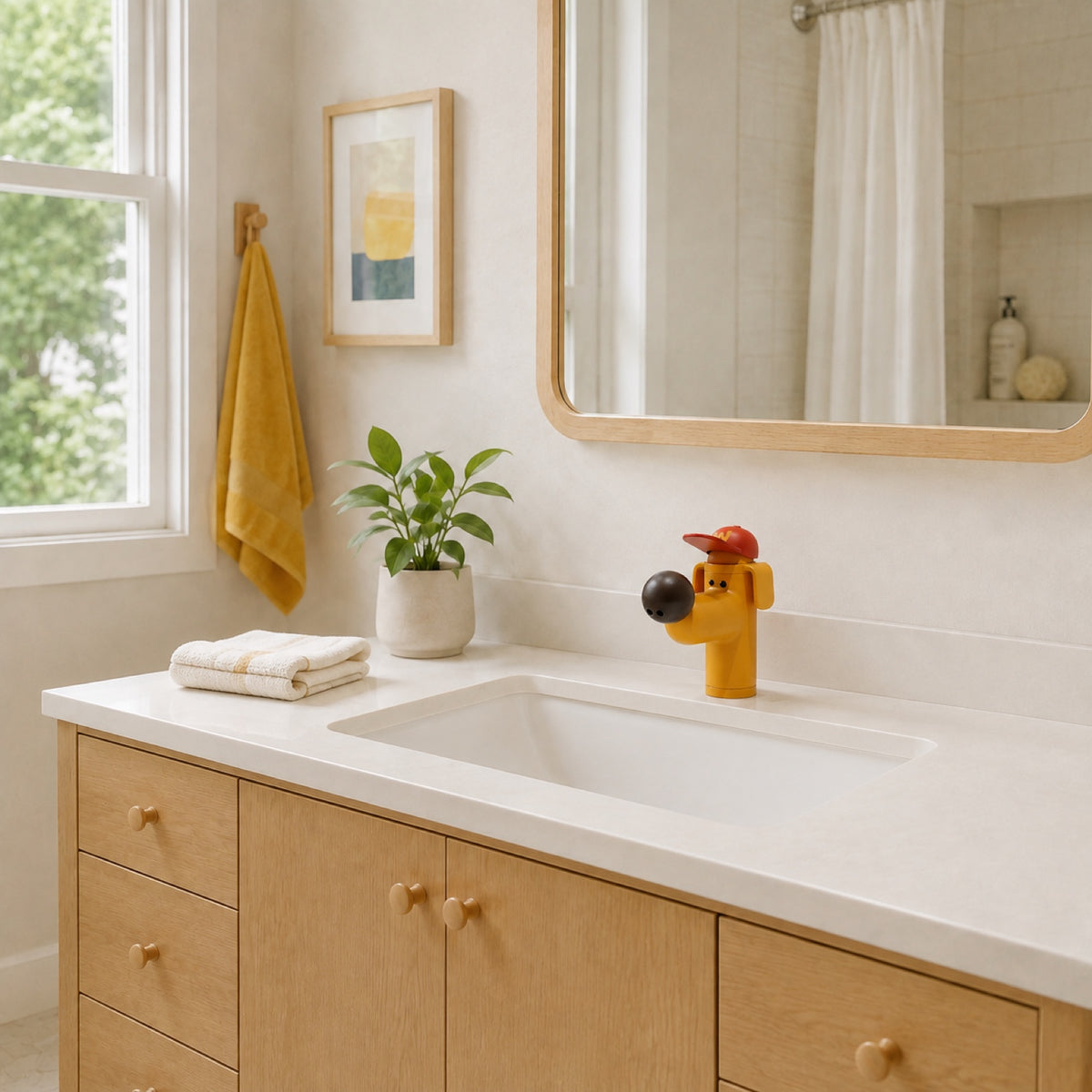 FILER Golden Dog Standard basin faucet centered in a family bathroom