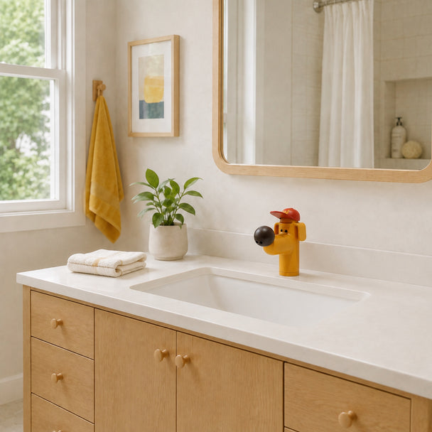 FILER Golden Dog Standard basin faucet centered in a family bathroom