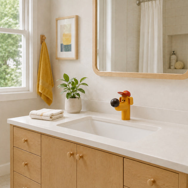 FILER Golden Dog Standard basin faucet centered in a family bathroom