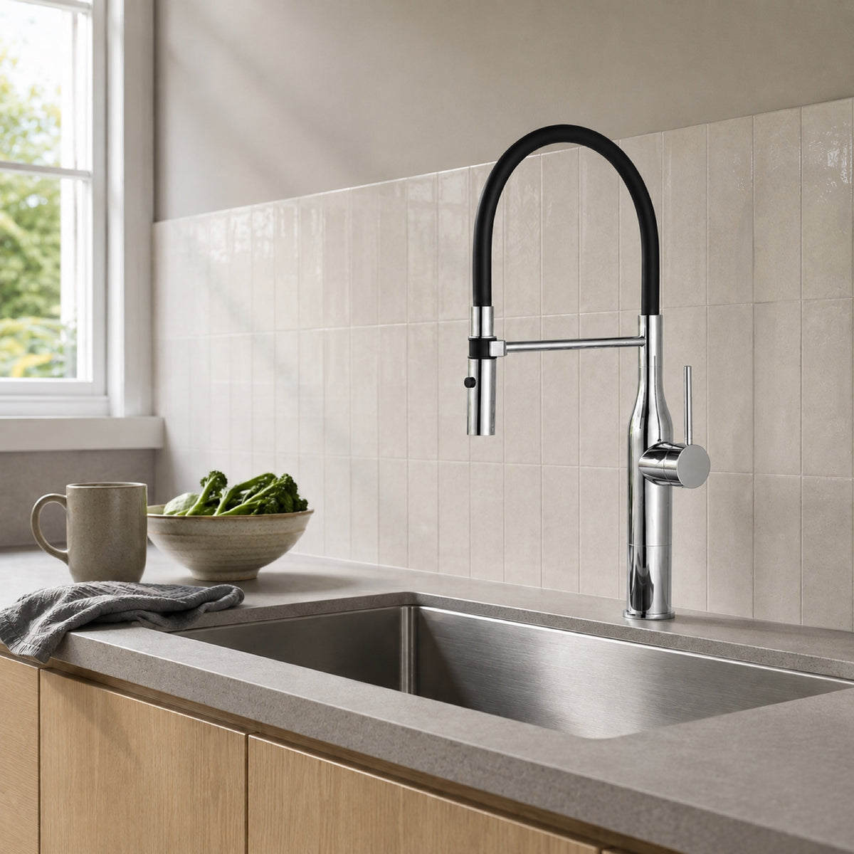 FILER L3 brass kitchen faucet installed behind a kitchen sink