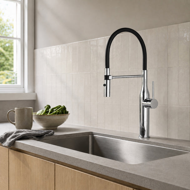 FILER L3 brass kitchen faucet installed behind a kitchen sink