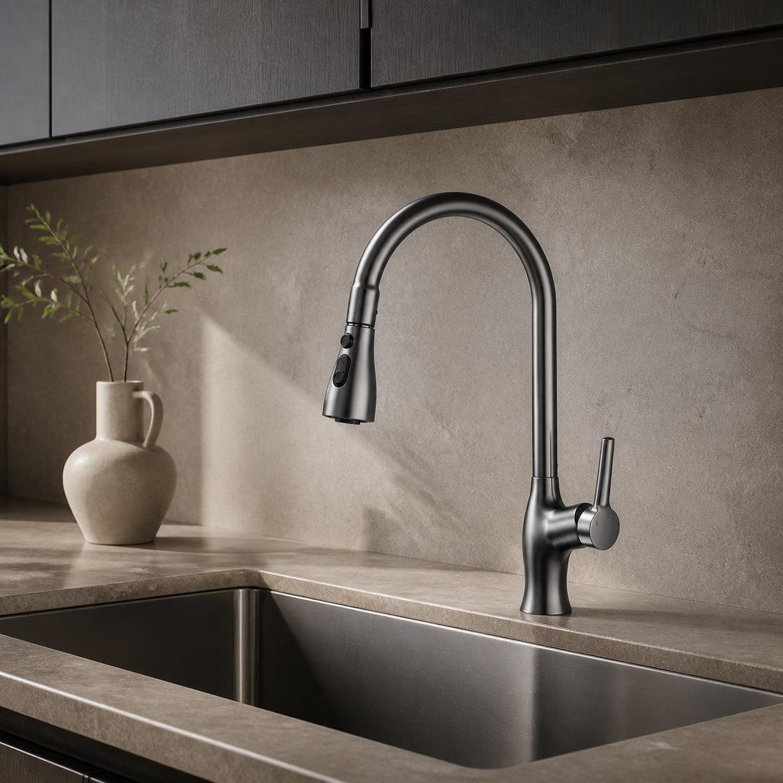 Gunmetal pull-down kitchen faucet installed in a warm stone kitchen