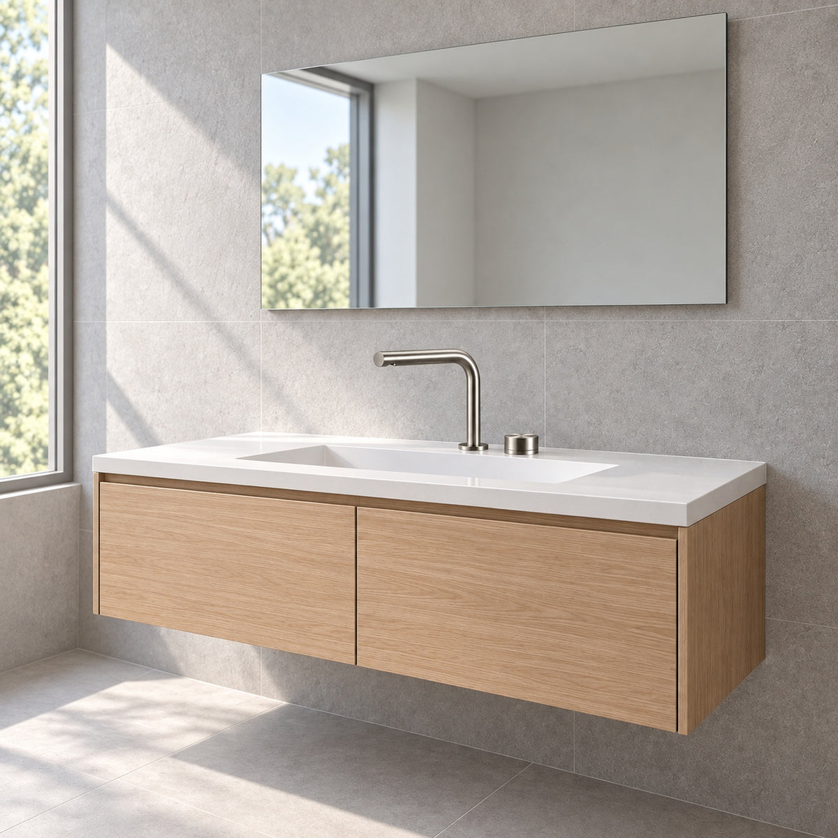 FILER brushed silver brass two-hole basin faucet — wide bathroom vanity scene