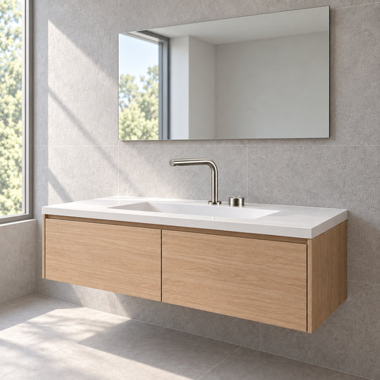 FILER brushed silver brass two-hole basin faucet — wide bathroom vanity scene