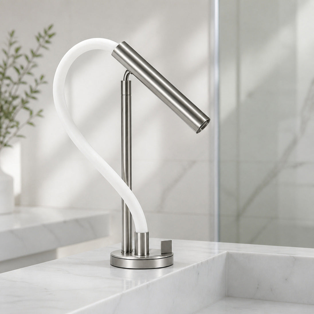 FILER brushed-nickel flexible-neck basin faucet with translucent white tube