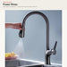 Pull-down kitchen faucet showing the power-rinse water mode