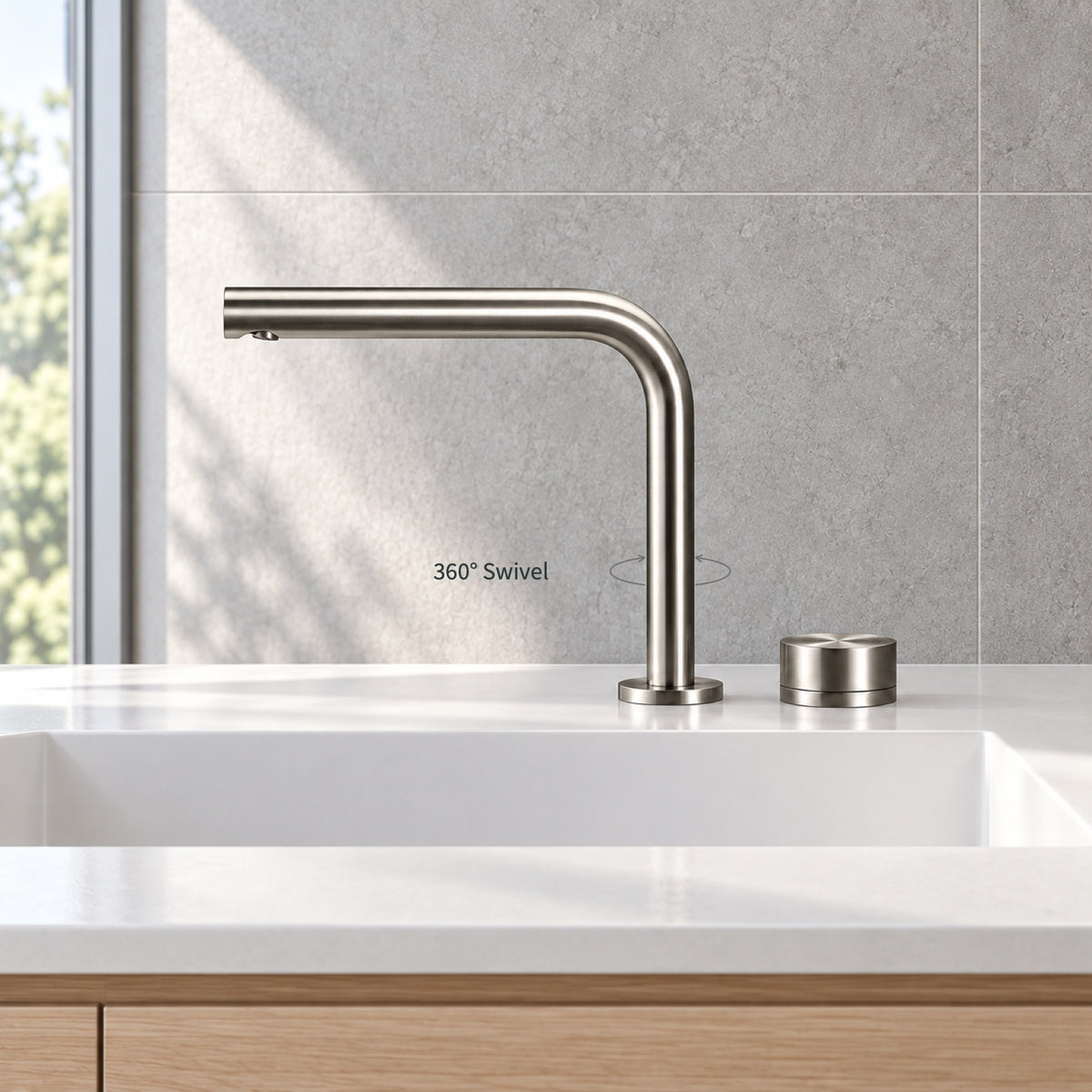 FILER brushed silver brass two-hole basin faucet — 360-degree swivel illustration