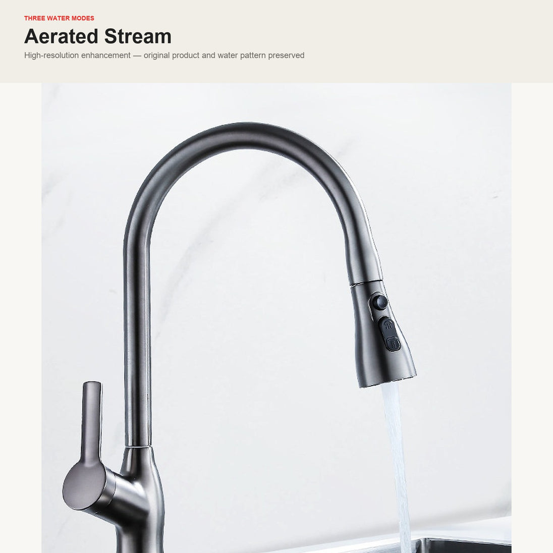 Pull-down kitchen faucet showing the aerated-stream water mode