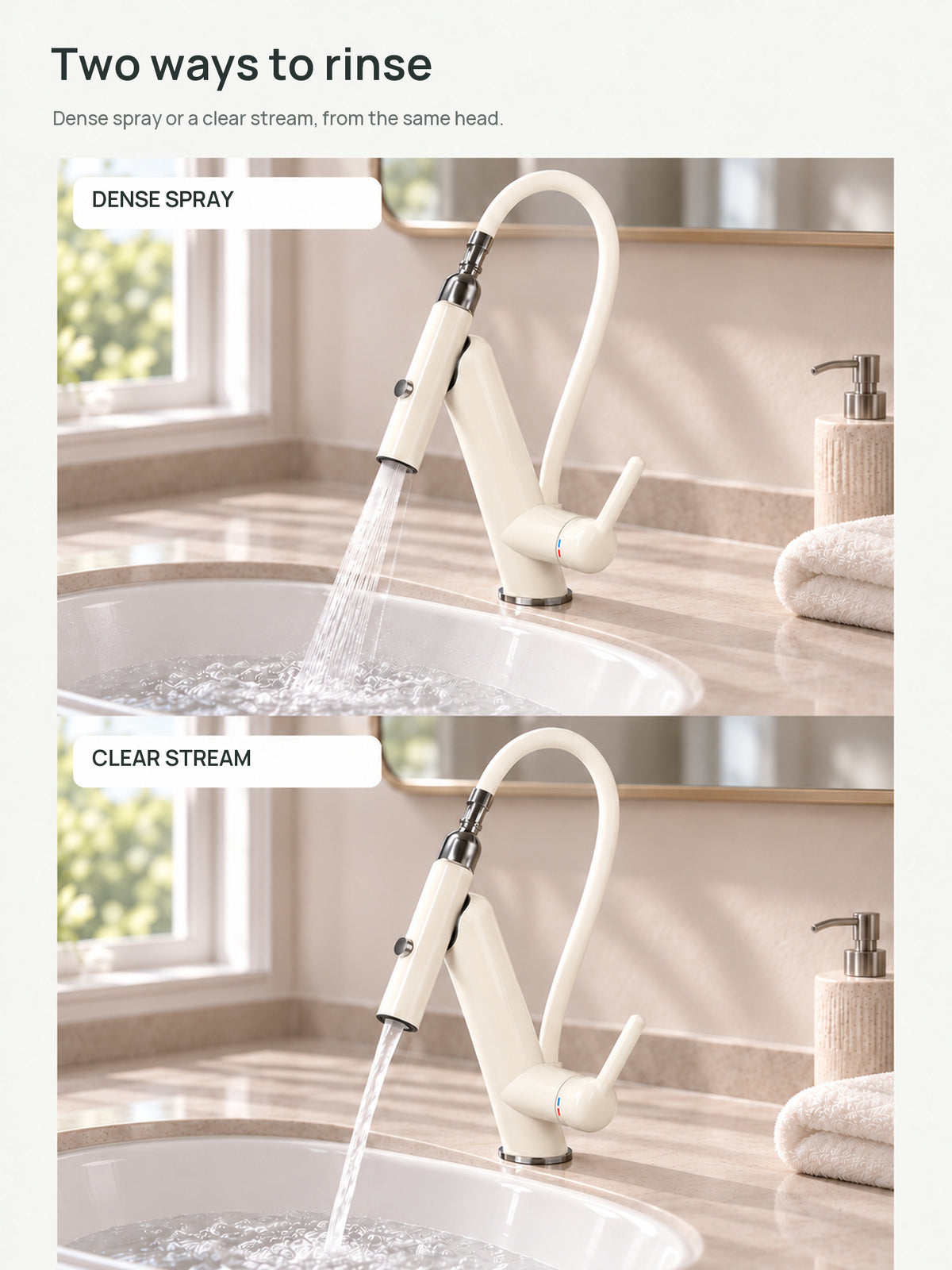 Dense spray and clear stream into a ceramic washbasin, both controls open