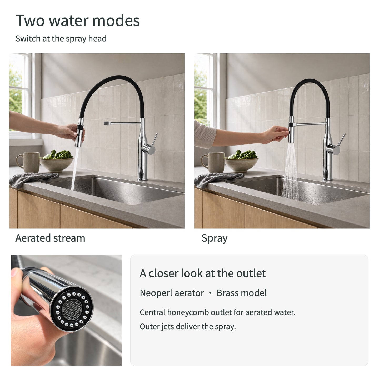 FILER L3 brass faucet aerated stream and spray with outlet close-up