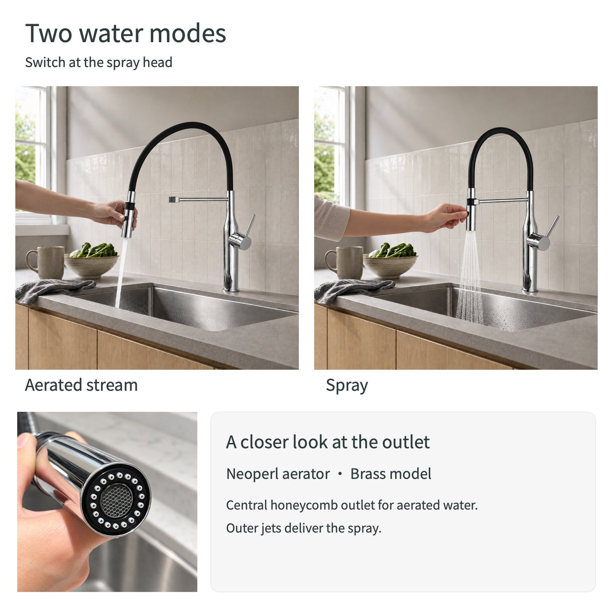 FILER L3 brass faucet aerated stream and spray with outlet close-up