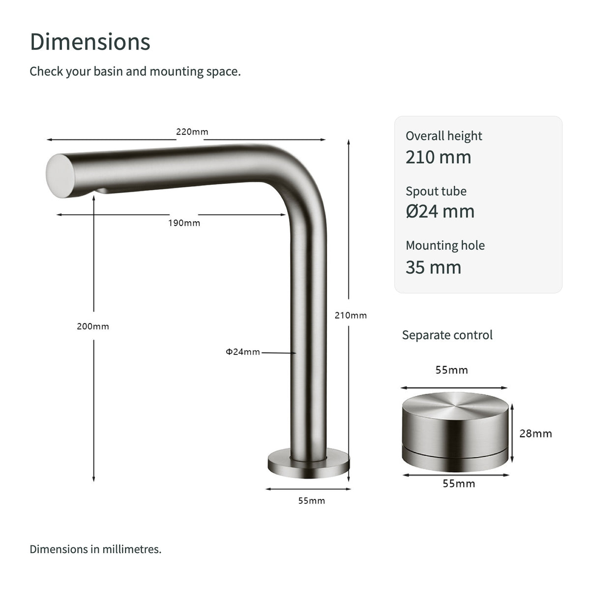 FILER brushed silver brass two-hole basin faucet — dimensions and mounting-hole guide