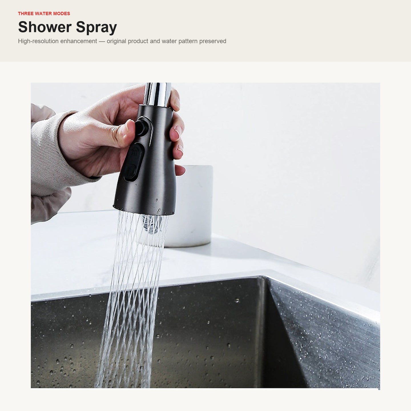 Pull-down kitchen faucet showing the shower-spray water mode