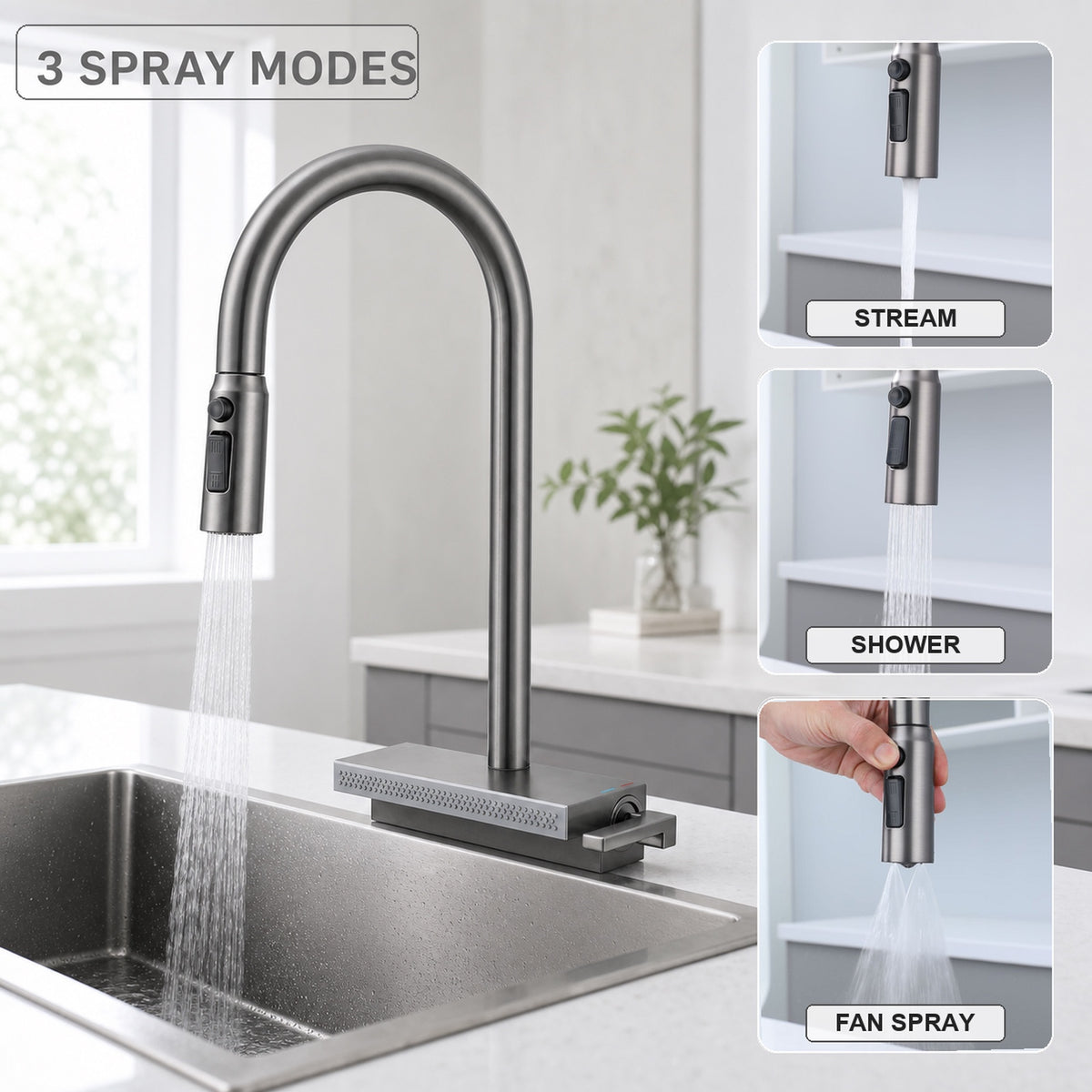 FILER pull-out spray head stream shower and fan spray modes