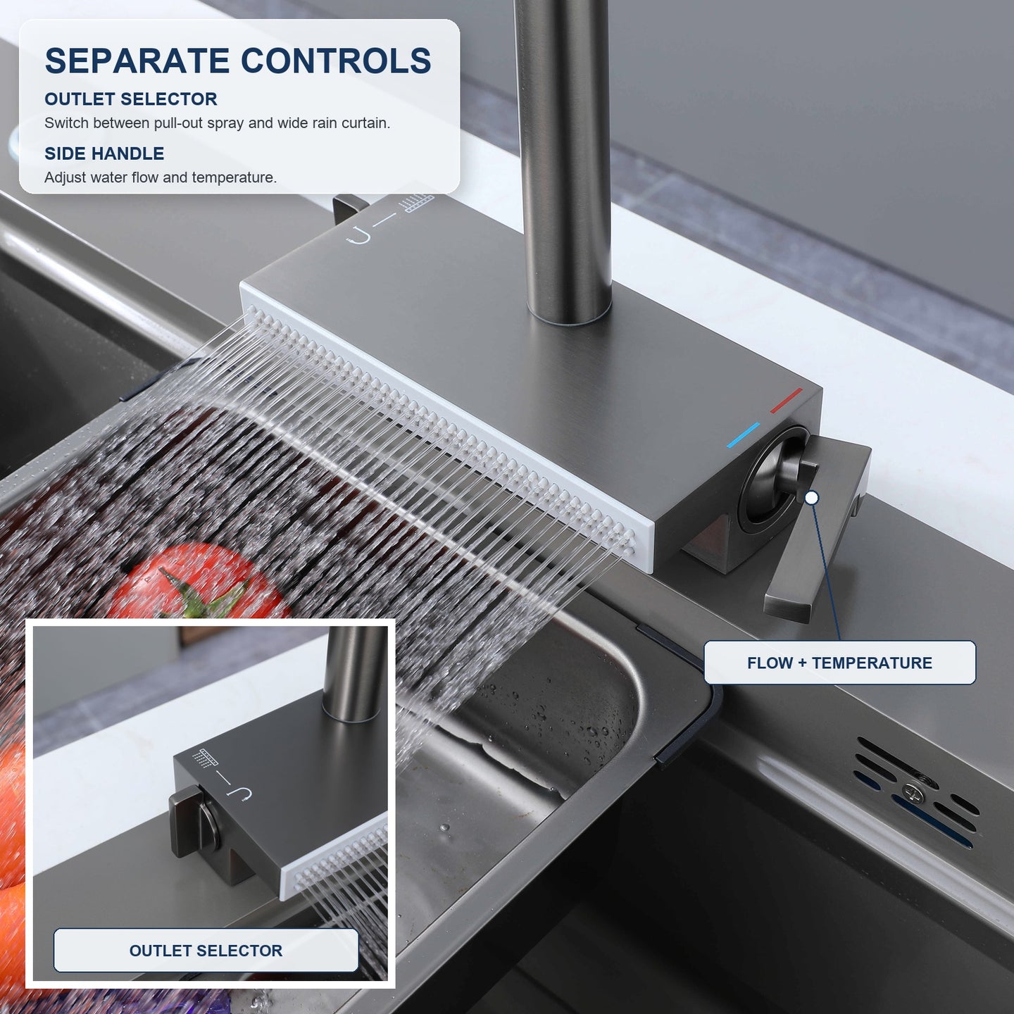 FILER kitchen faucet outlet selector and hot and cold controls