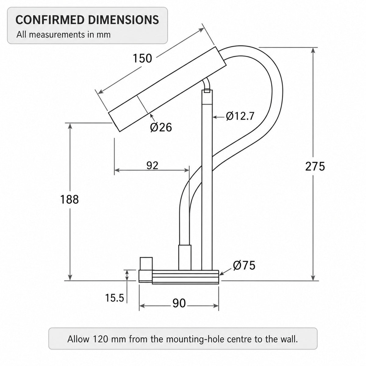 FILER flexible-neck basin faucet confirmed dimensions and wall clearance