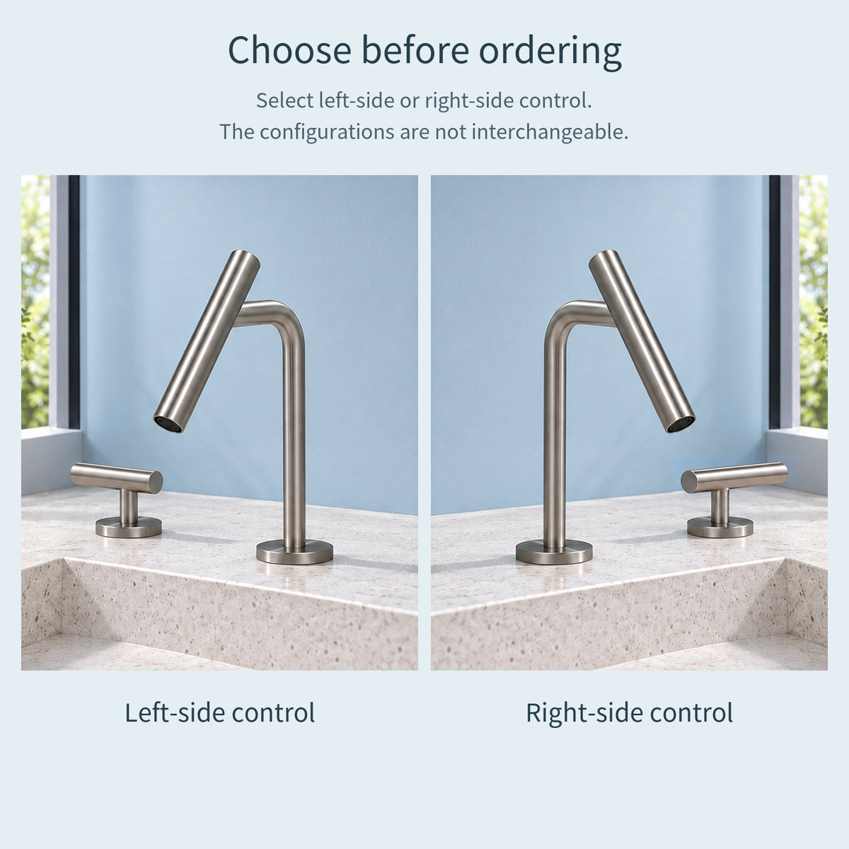 FILER Y2 Two-Hole Basin Faucet with Separate Control — left-side and right-side control comparison