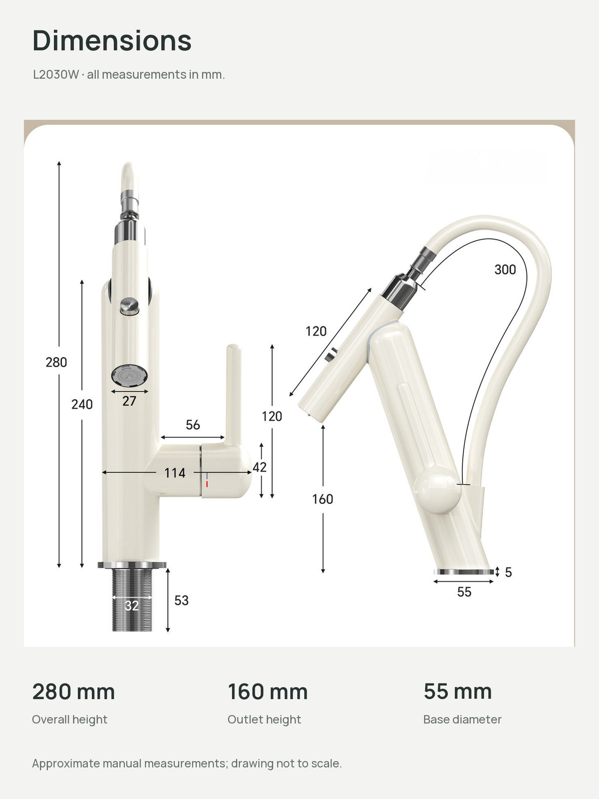 L2030W dimensions with overall height280mm