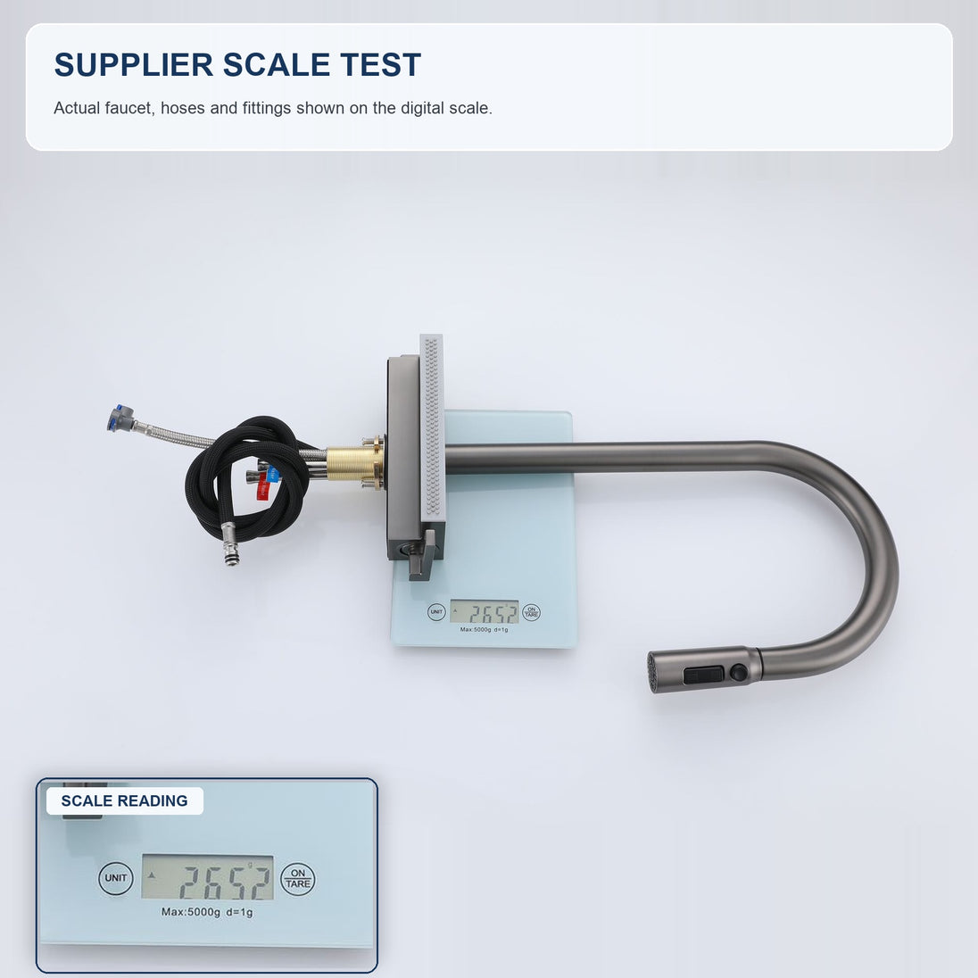 FILER LY-003 gunmetal kitchen faucet shown on the supplier digital scale