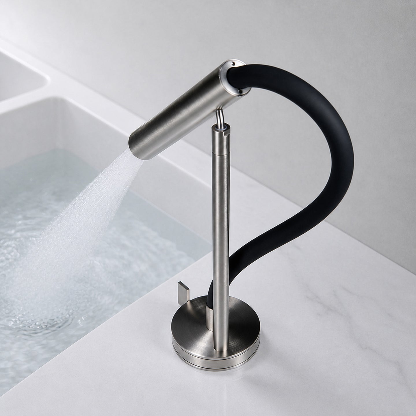 FILER flexible-neck basin faucet shower spray in neutral bathroom