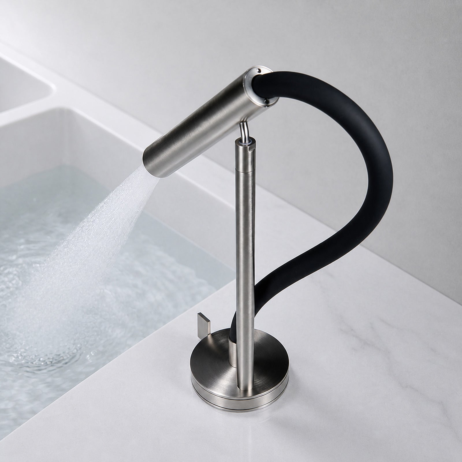 FILER flexible-neck basin faucet shower spray in neutral bathroom