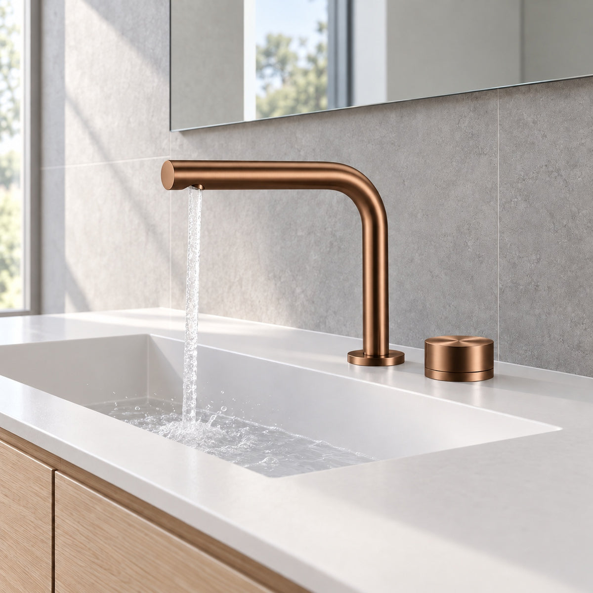 FILER brushed rose gold brass two-hole basin faucet — installed running-water bathroom scene