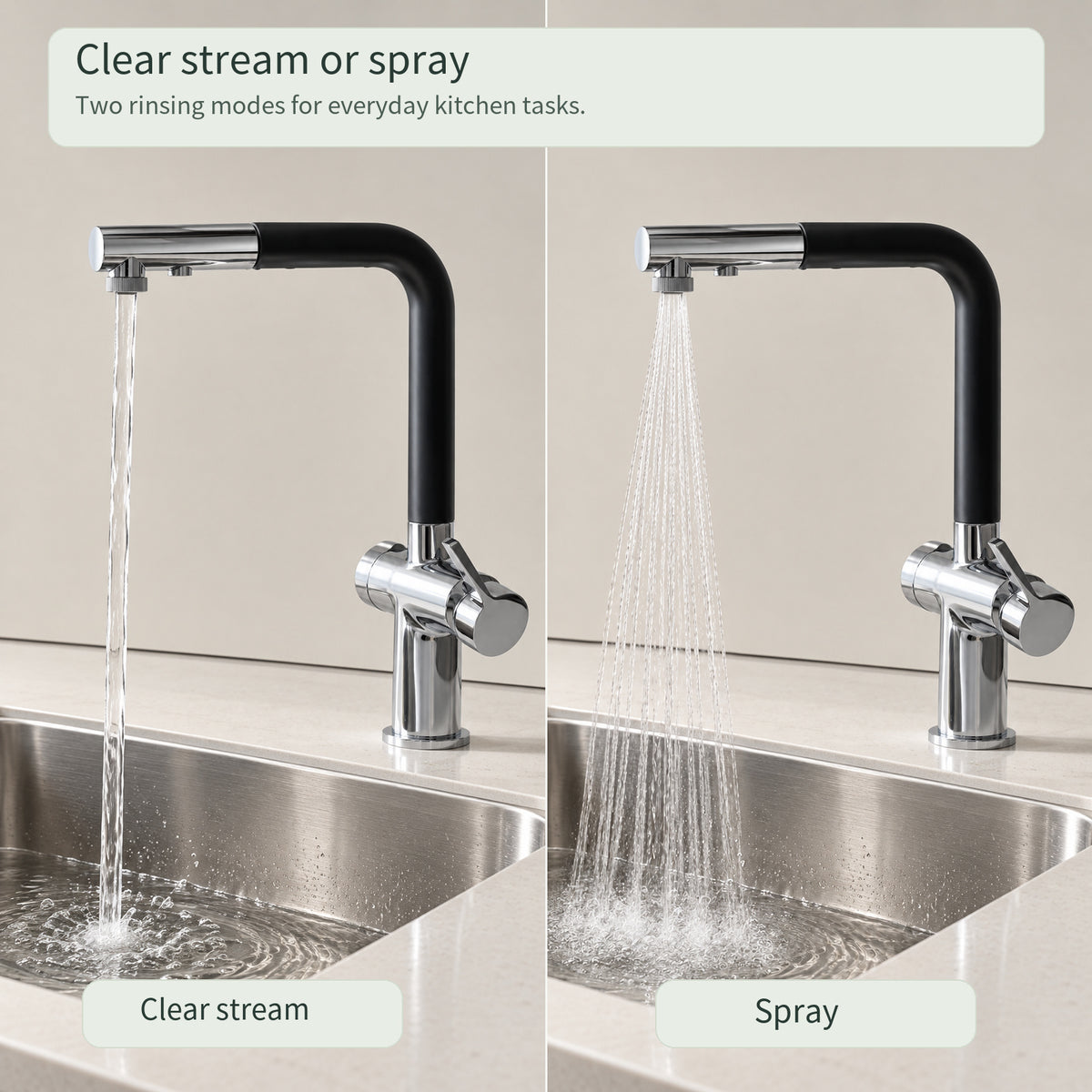 FILER Pull-Out Kitchen Faucet with Optional Filtered-Water Outlet — water modes