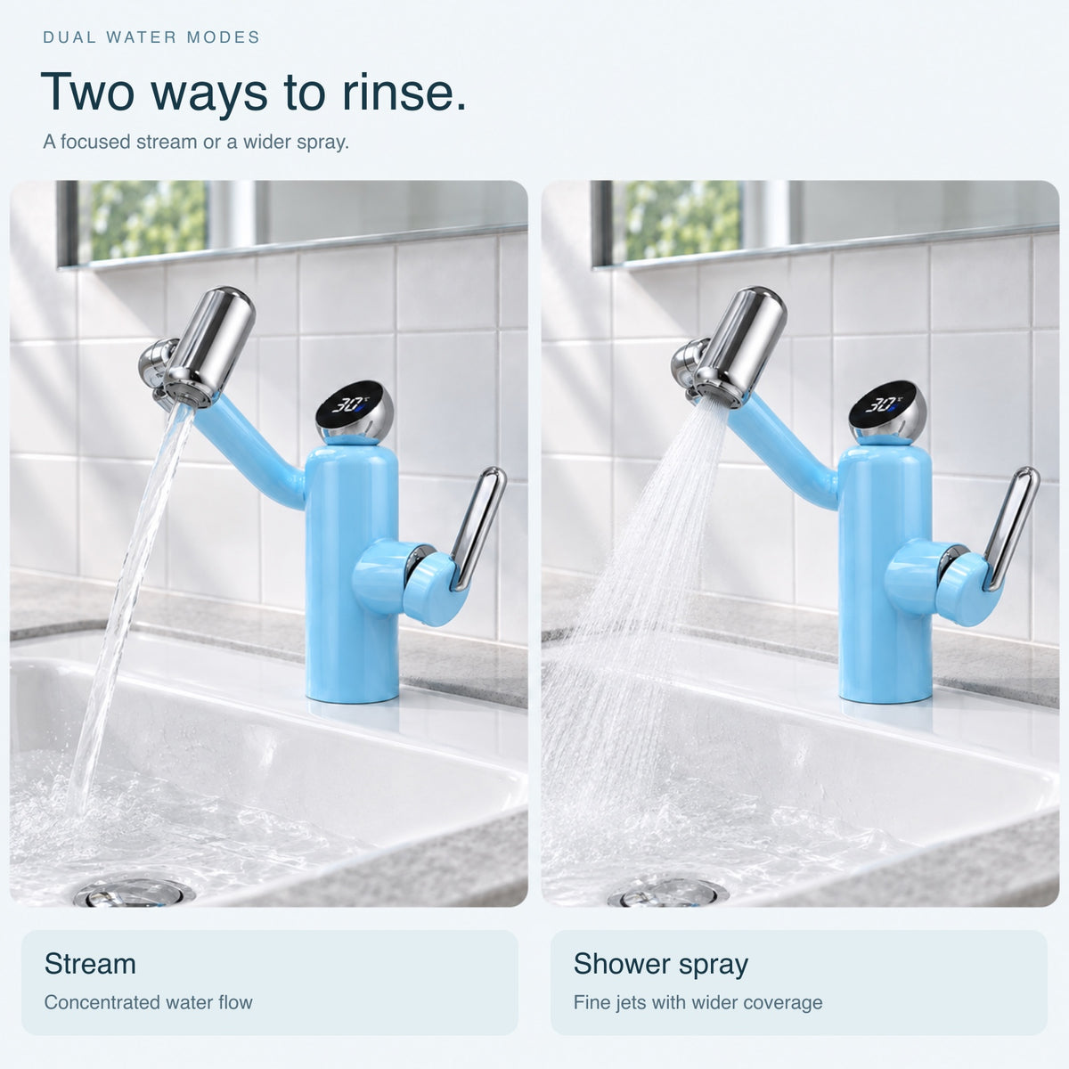 FILER Articulated Basin Faucet with Digital Temperature Display — water modes