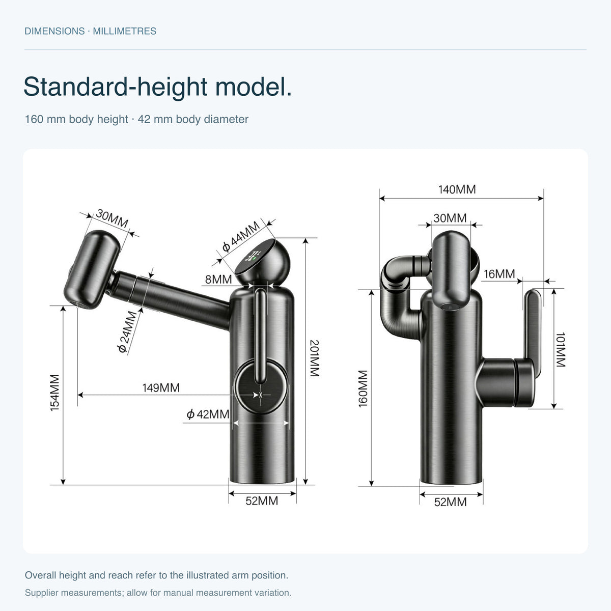 FILER Articulated Basin Faucet with Digital Temperature Display — dimensions