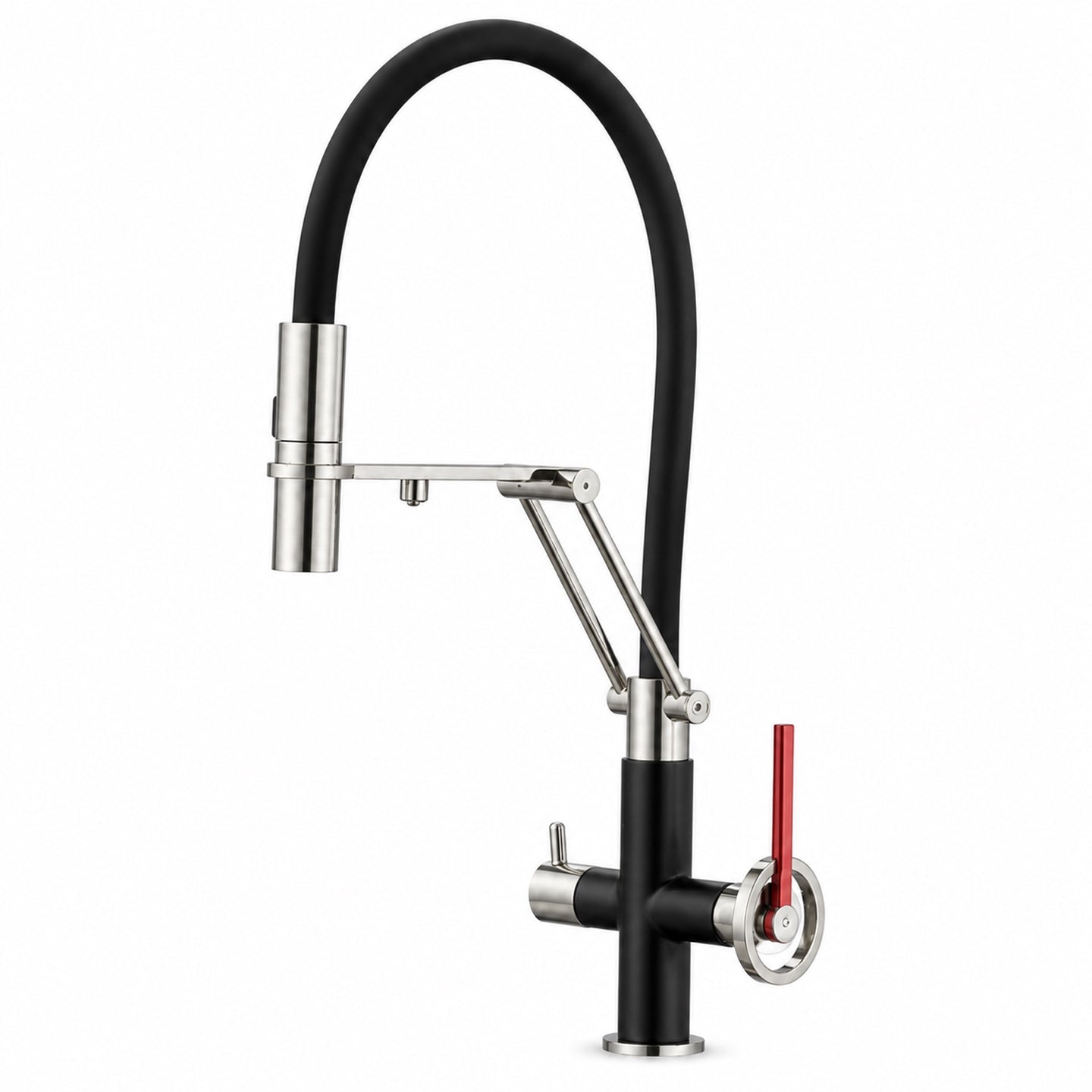 FILER articulated kitchen faucet black and silver with red lever filtered-water version white-background view