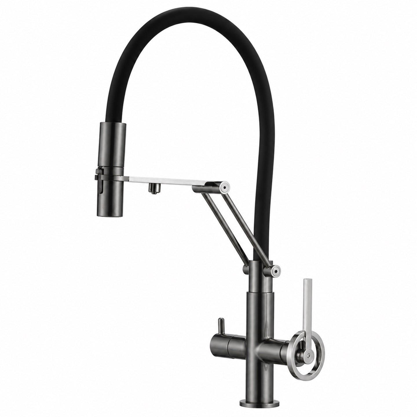 FILER articulated kitchen faucet gunmetal filtered-water version with silver lever white-background view