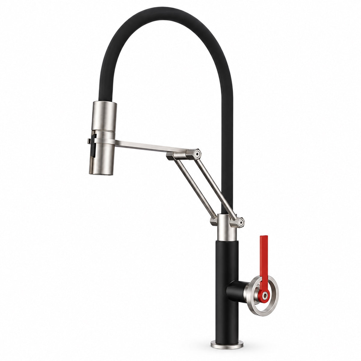 FILER articulated kitchen faucet black and silver with red lever hot-and-cold-only version white-background view