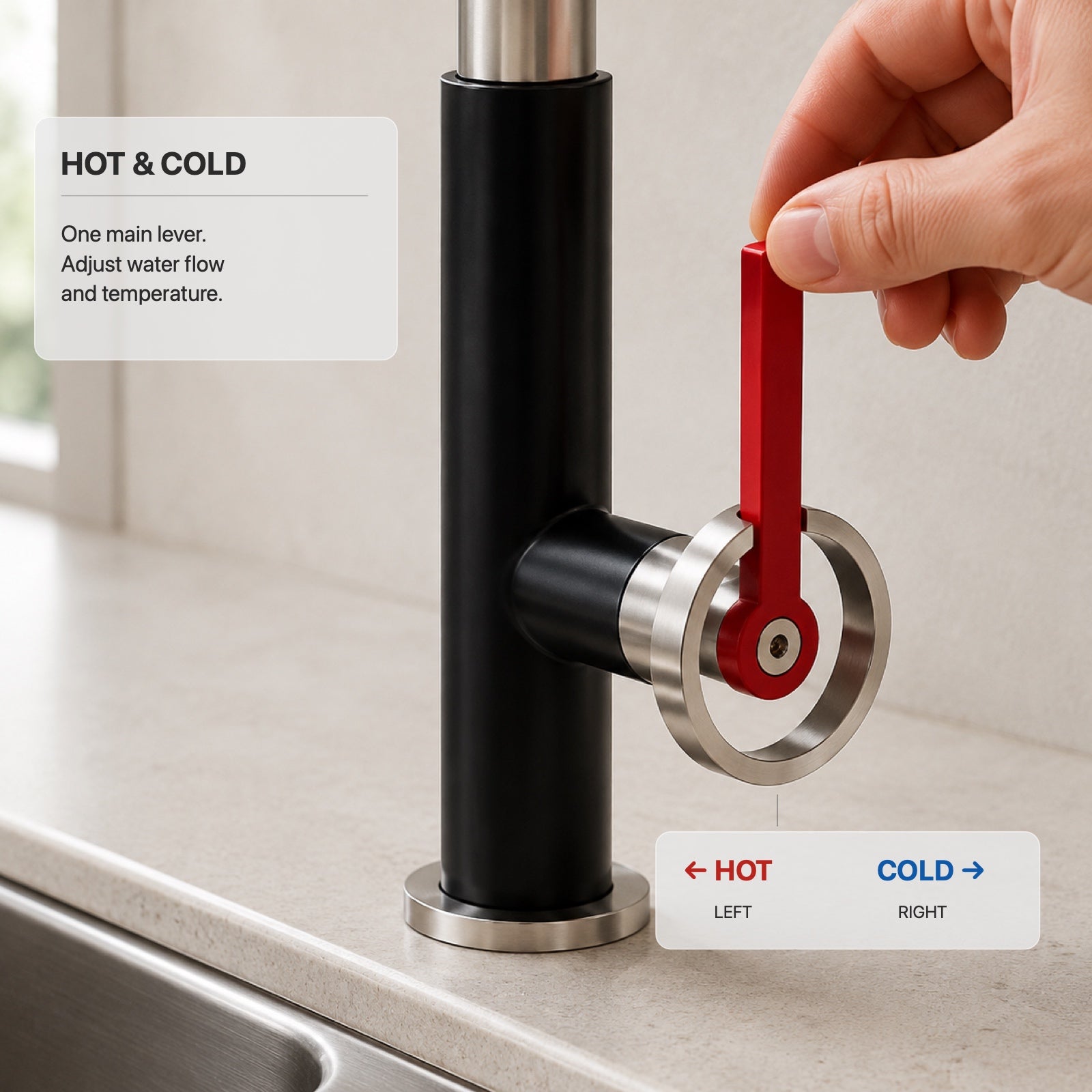 FILER articulated kitchen faucet hot-and-cold-only version red-left hot and blue-right cold control guide