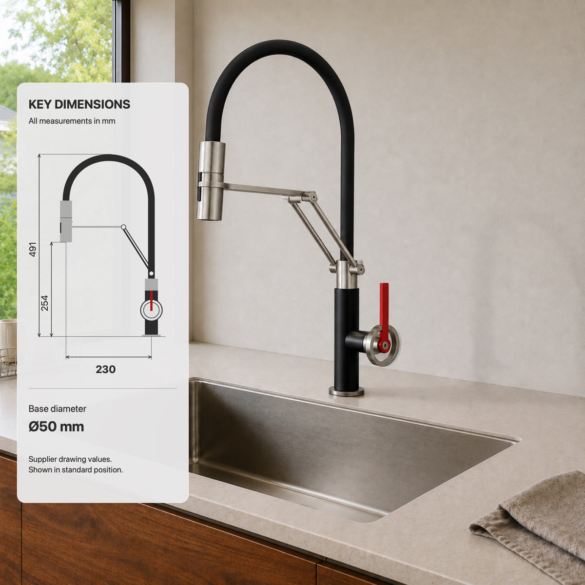 FILER articulated kitchen faucet hot-and-cold-only version dimensions