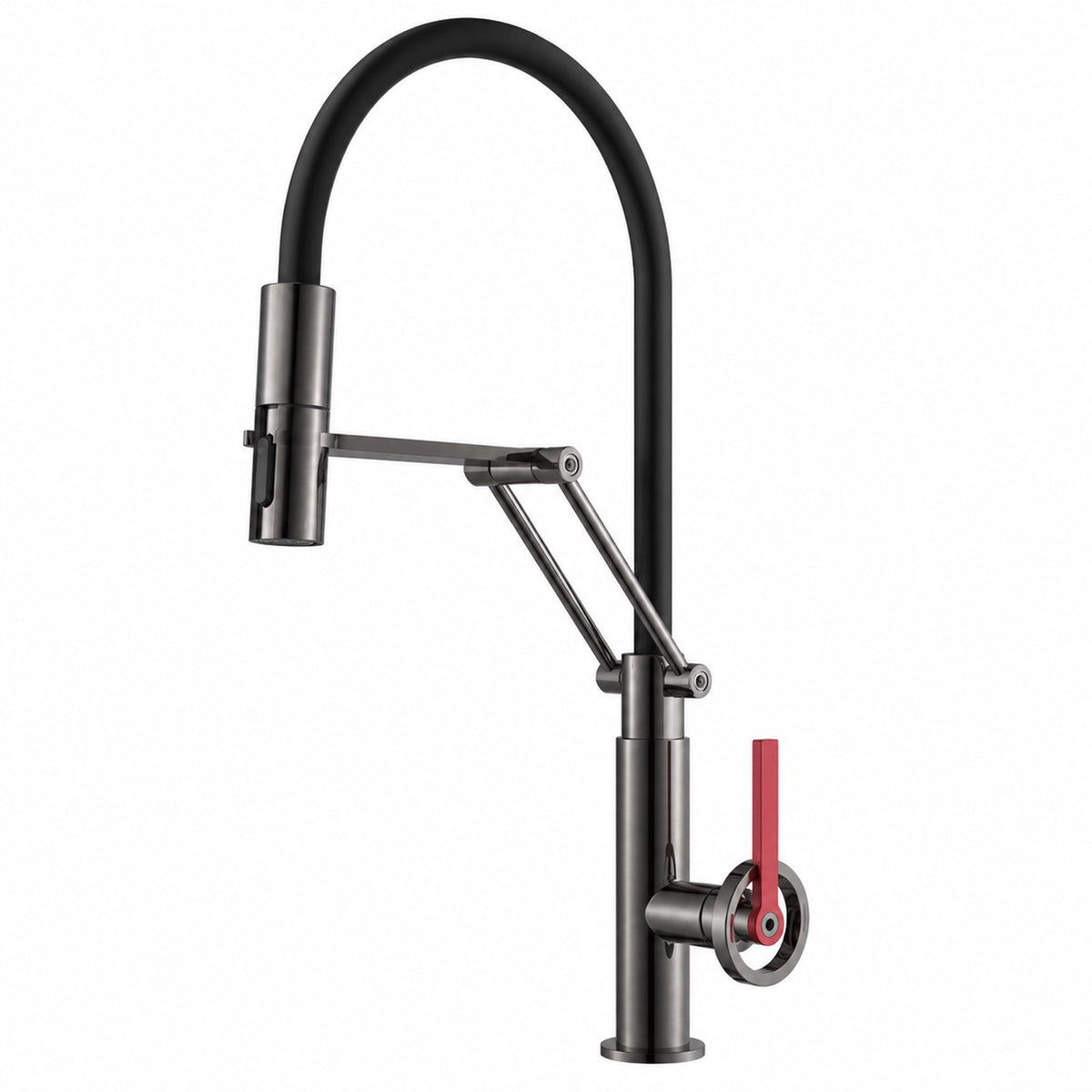 FILER articulated kitchen faucet gunmetal with red lever hot-and-cold-only version white-background view