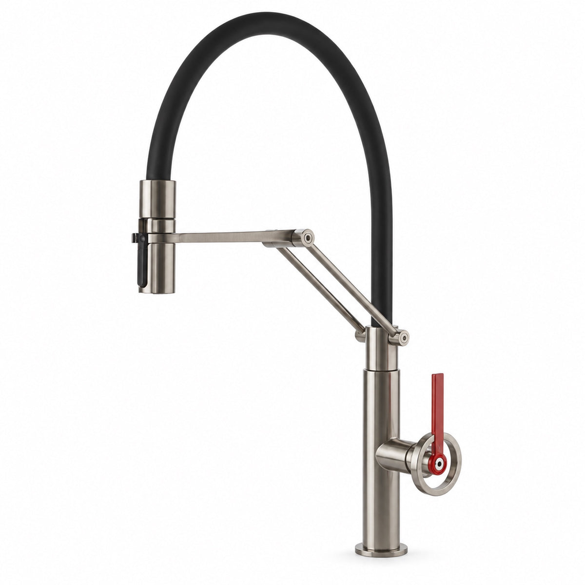FILER articulated kitchen faucet brushed nickel with red lever hot-and-cold-only version white-background view