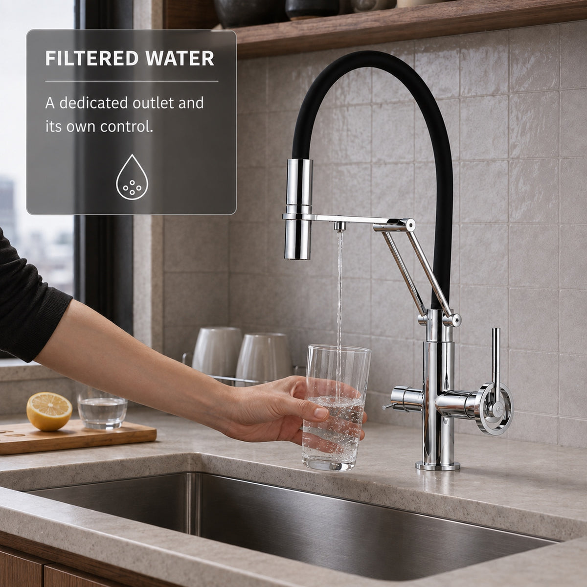 FILER articulated kitchen faucet filtered-water version dedicated outlet and open control