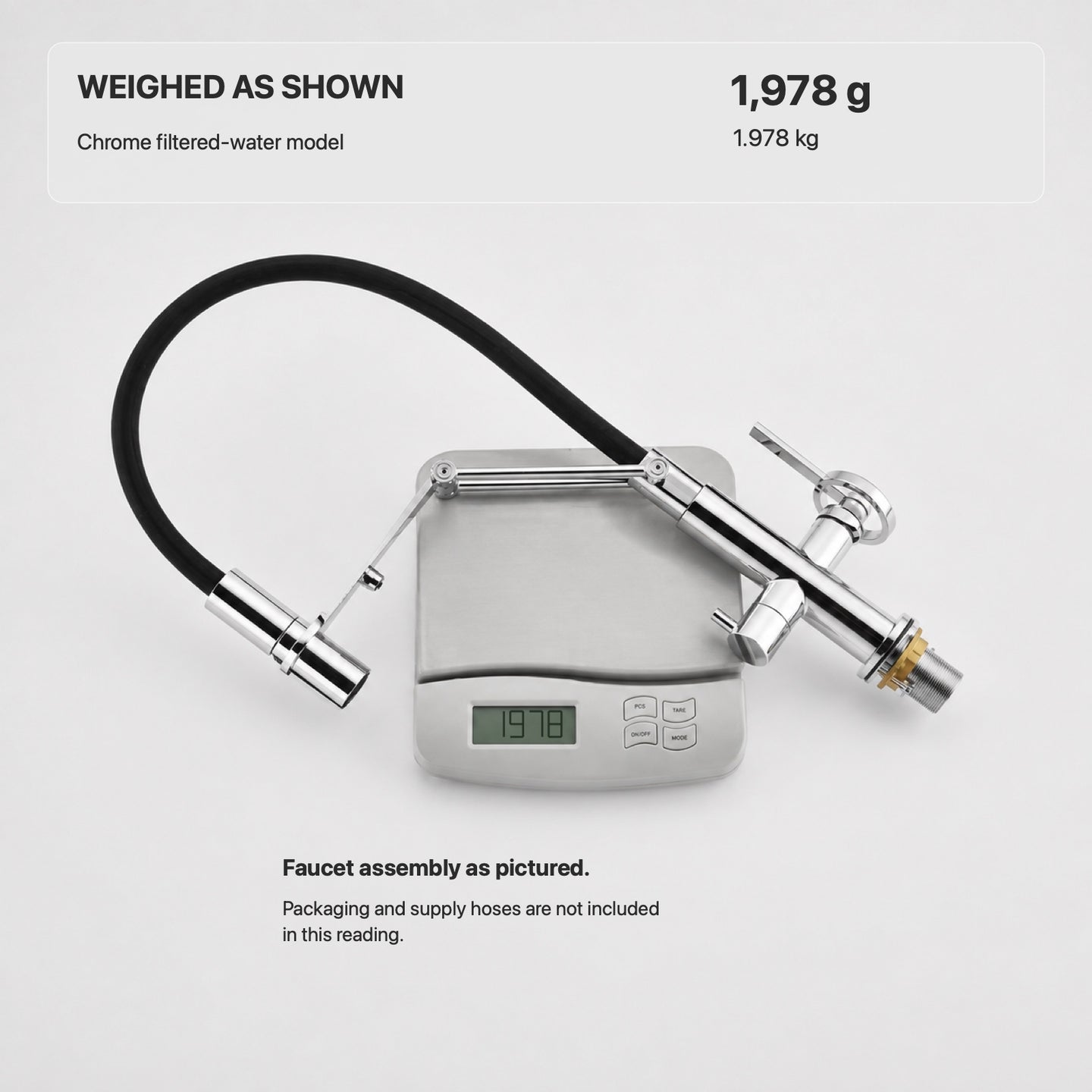 FILER articulated kitchen faucet chrome filtered faucet assembly showing supplier scale reading 1978 grams, excluding packaging