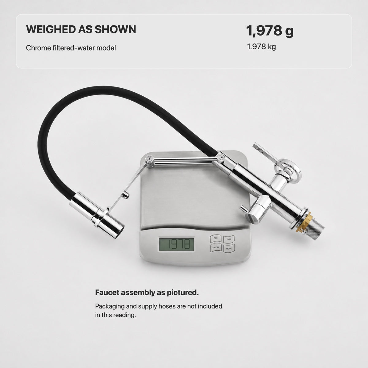 FILER articulated kitchen faucet chrome filtered faucet assembly showing supplier scale reading 1978 grams, excluding packaging