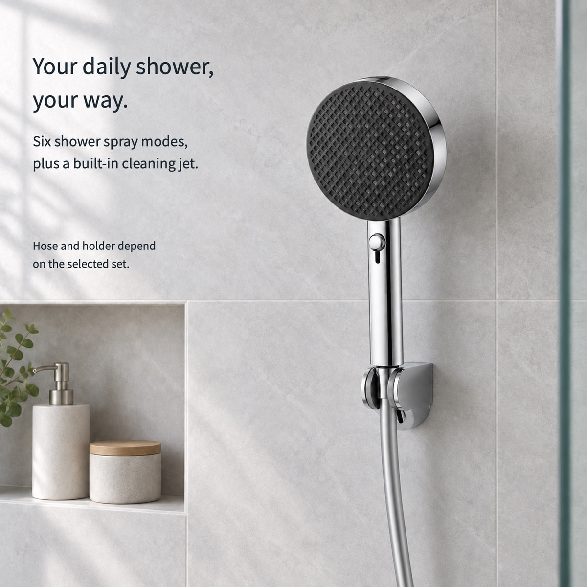 FILER silver handshower installed with PVC hose and holder; accessories depend on selected set