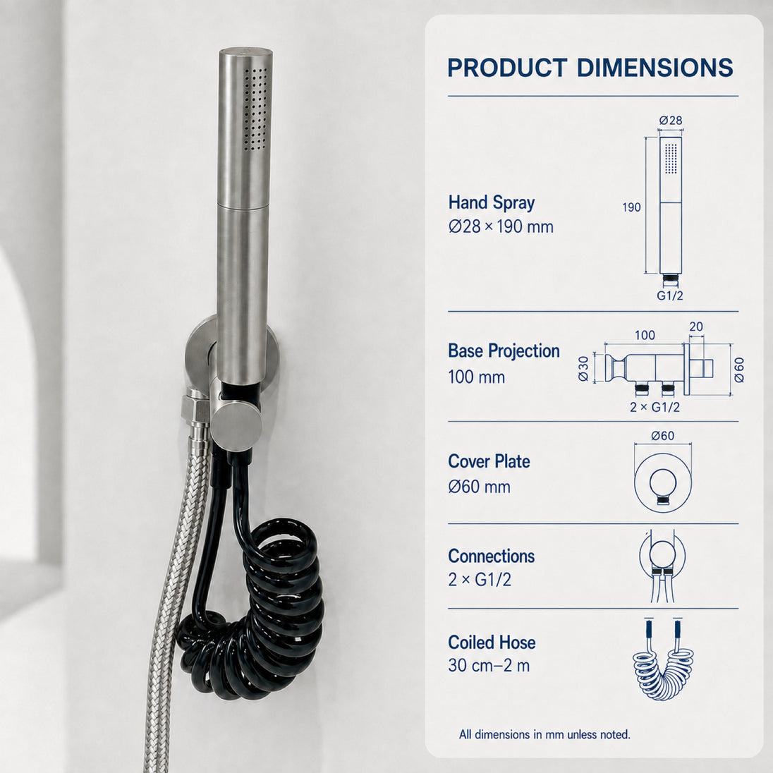 FILER rotary brass bidet sprayer with black coiled hose — shared supply configuration dimensions