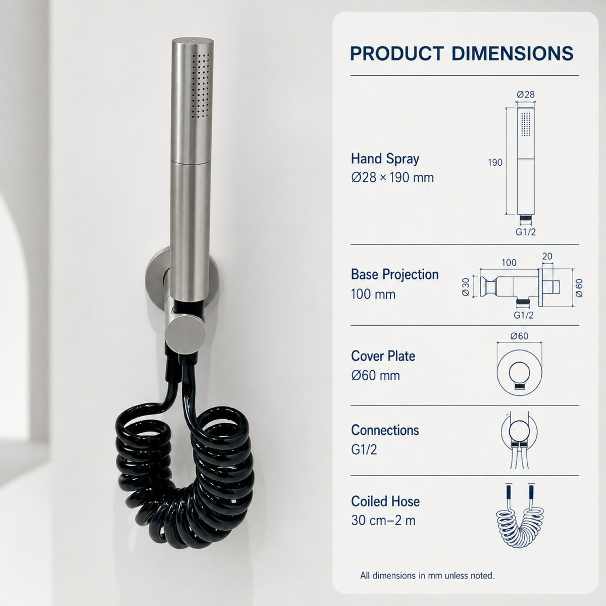 FILER rotary brass bidet sprayer with black coiled hose — product dimensions and G1/2 connections
