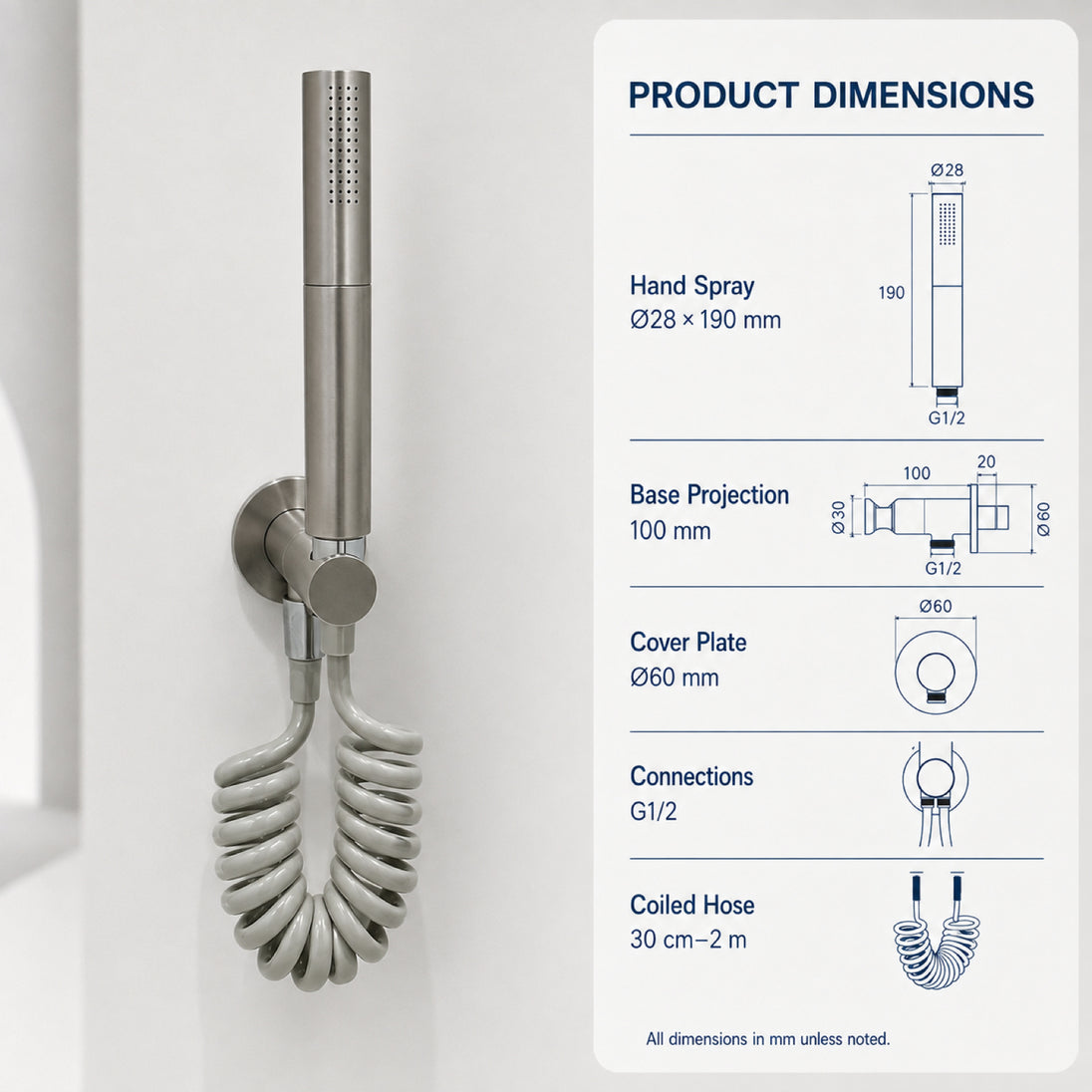 FILER rotary brass bidet sprayer brushed silver with gray coiled hose — dedicated configuration dimensions