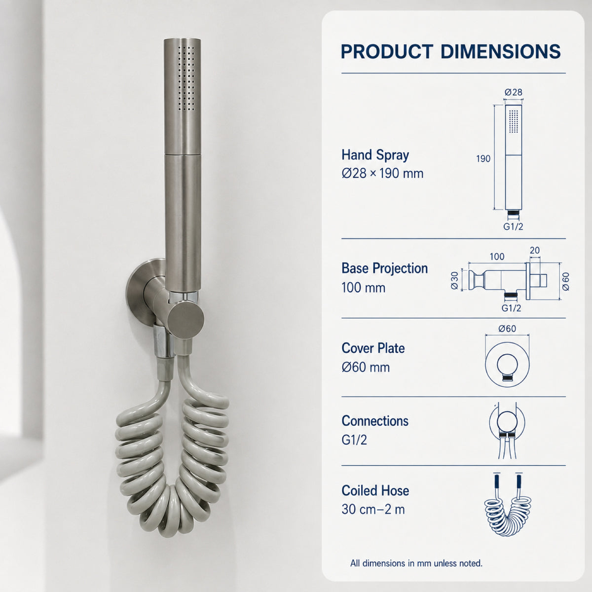 FILER rotary brass bidet sprayer brushed silver with gray coiled hose — dedicated configuration dimensions