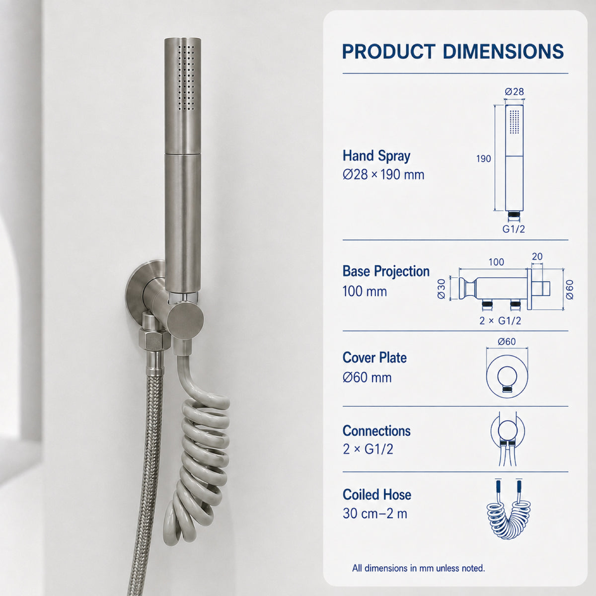 FILER rotary brass bidet sprayer brushed silver with gray coiled hose — shared supply configuration dimensions