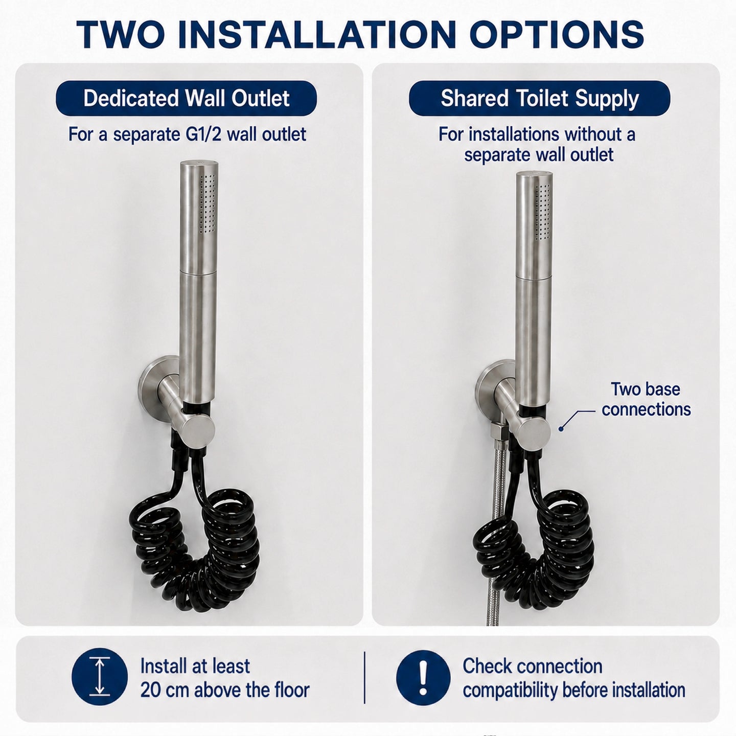 FILER rotary brass bidet sprayer with black coiled hose — dedicated and shared supply installation